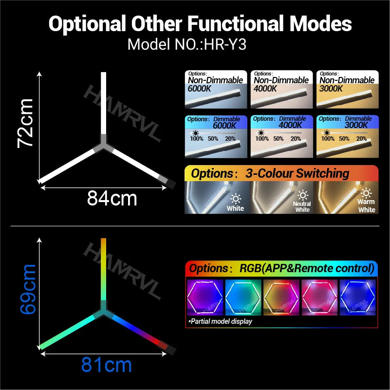 Hexagon honeycomb LED ceiling light model HR-Y3, small 3-leg hex panel with RGB mode