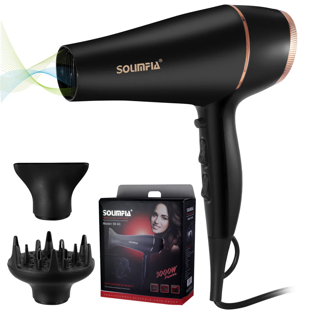 Black professional 3000W hair dryer with rose gold accents, diffuser, nozzle, and salon-grade styling power.