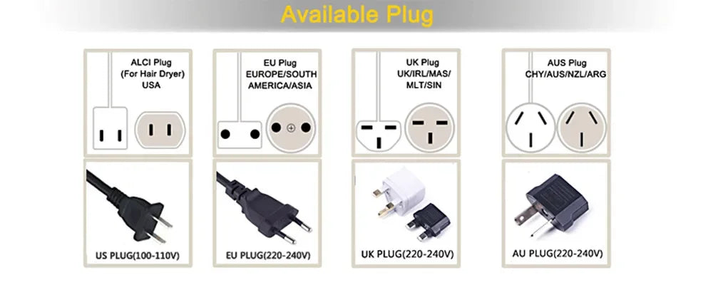 Multi-styler hair dryer power plug options: US, EU, UK, and AU adapters for global use with 2-in-1 hair styling tools.