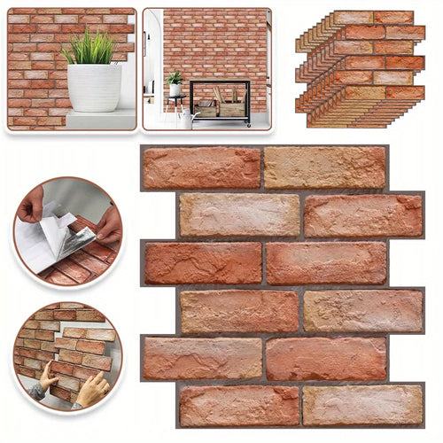 Pack of 10 brick-look 3D wall panels, self-adhesive peel-and-stick tiles, stone texture