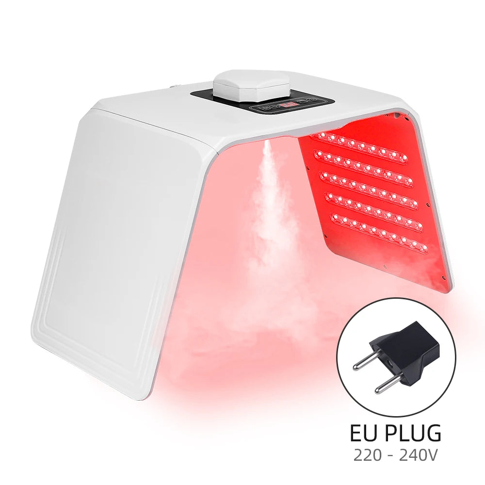 White arched LED light therapy machine with red lights and mist function, including a 220-240V EU power plug.