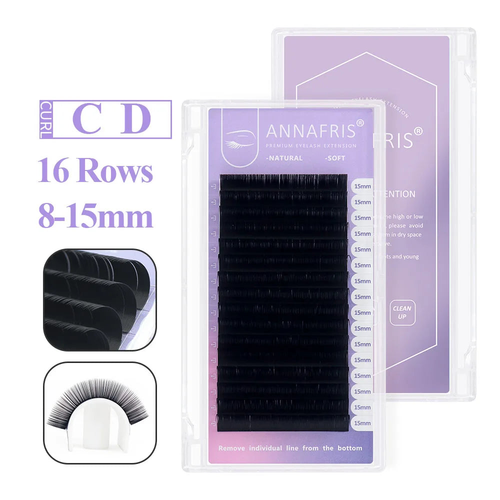 Black CD curl eyelash extensions in a 16-row tray with 8-15mm lengths for professional lash applications.