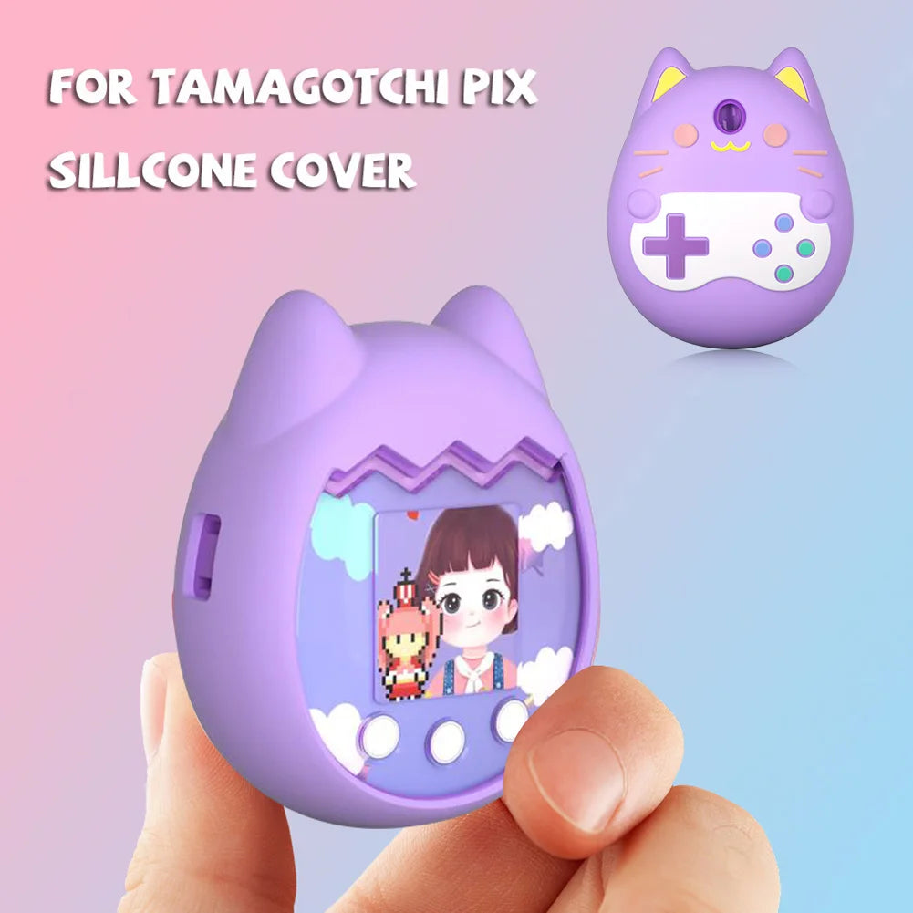 Purple silicone protective case for Tamagotchi Pix virtual pet, shockproof cover with cute cat ears design.