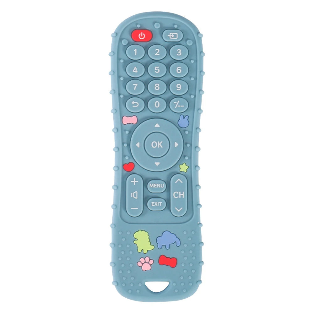 Blue silicone remote control baby teething toy for soothing gums.