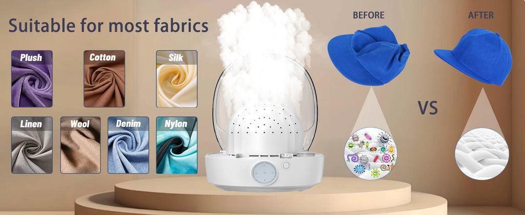 Tidesmit automatic cap care machine showing steam and hot-cold wind drying features for restoring hat shapes