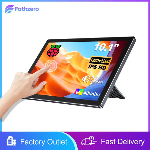 10.1-inch black touchscreen portable monitor for Raspberry Pi with a kickstand, shown at an angle with a hand touching.