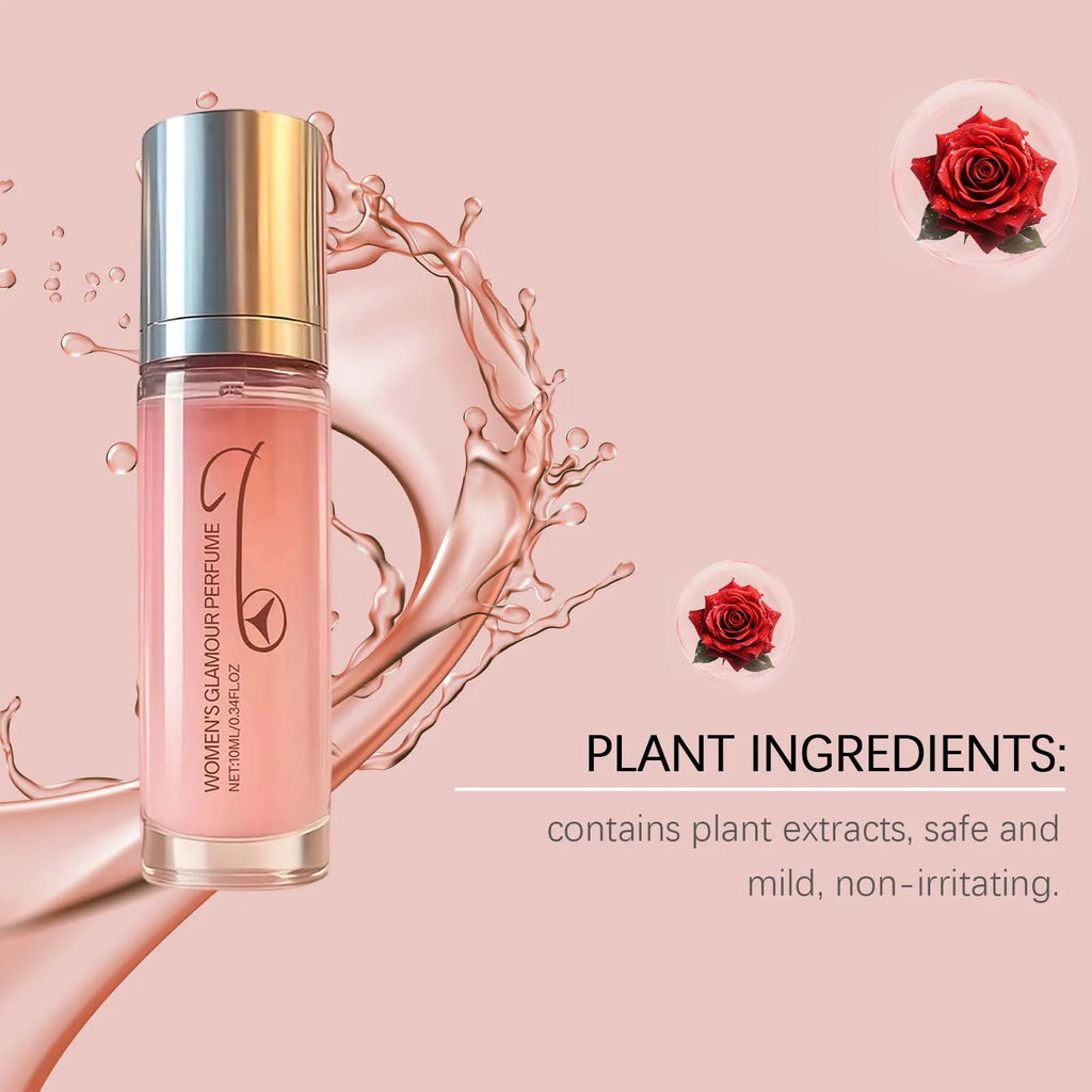 Women's Glamour Pheromone Perfume, rose scent in a slim 10ml travel spray bottle with silver cap, long-lasting aroma.