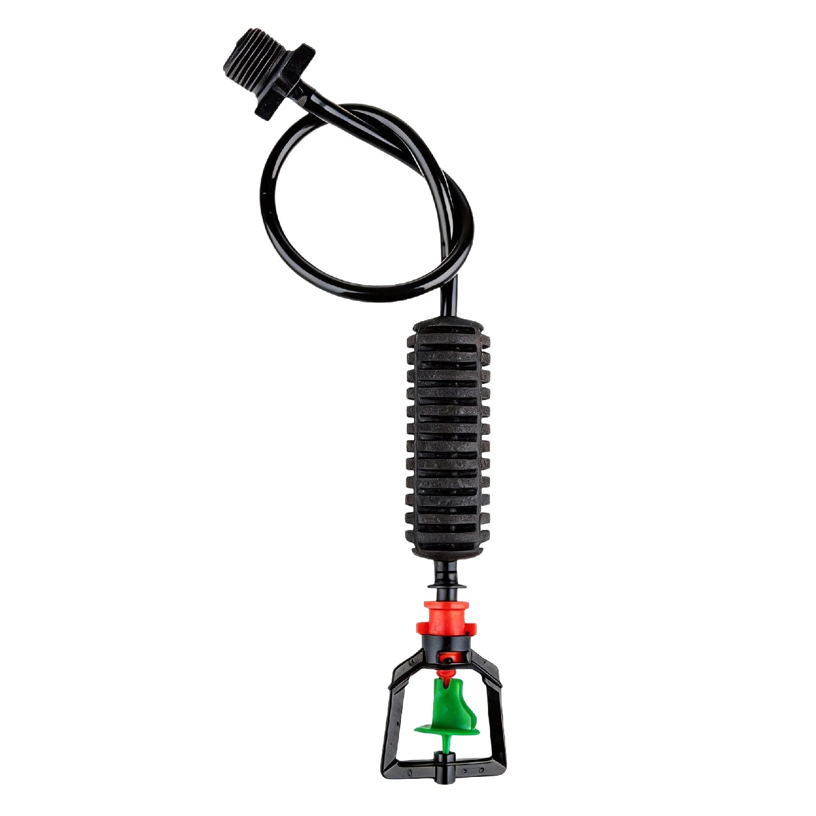 Inverted micro-sprinkler nozzle with black stake, red connector, and green outlet