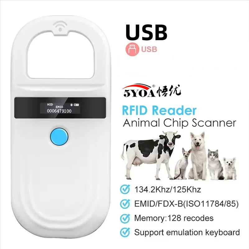 5YOA handheld white USB RFID pet microchip scanner with OLED display for fast dog, cat, and animal ID identification.
