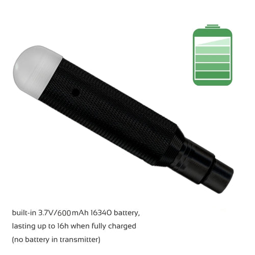 Black wireless DMX transmitter with silver end cap and charging connector
