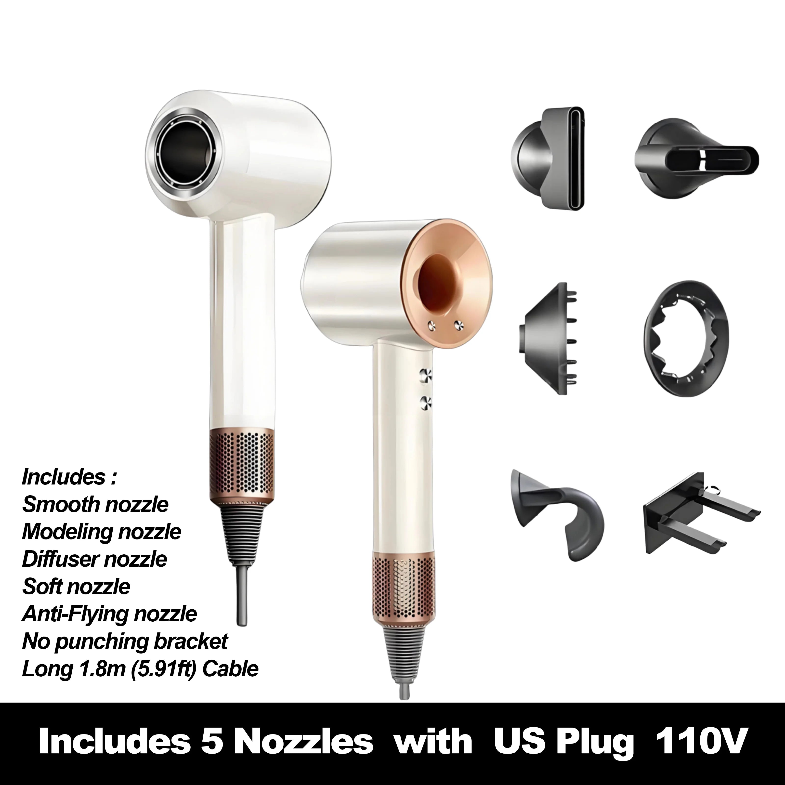 High-speed ionic hair dryer in white and rose gold with 5 styling attachments and wall mount bracket.