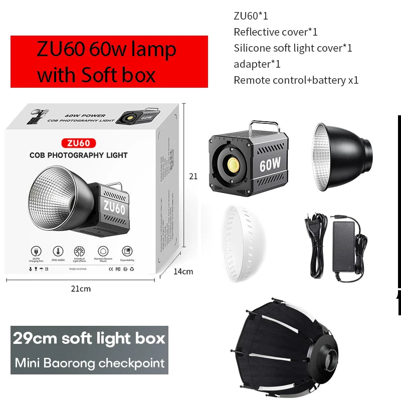 LED Video Light 60-80W Bi-Color Studio Lighting for Content Creators ZU60 with soft box Tidesmit