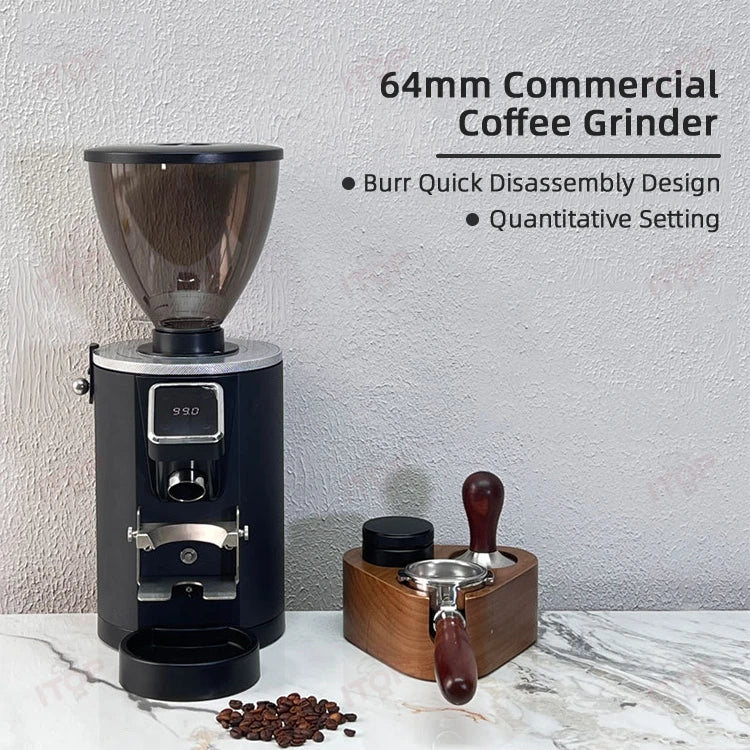 Black 64mm commercial coffee grinder with digital display, hopper, and wooden portafilter stand on marble counter.