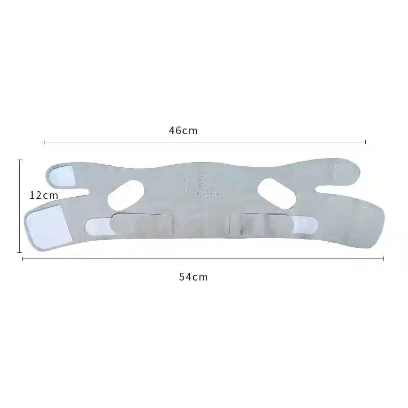 Grey V-line face slimming bandage with adjustable velcro straps and ear cutouts for lifting chin and facial shaping.