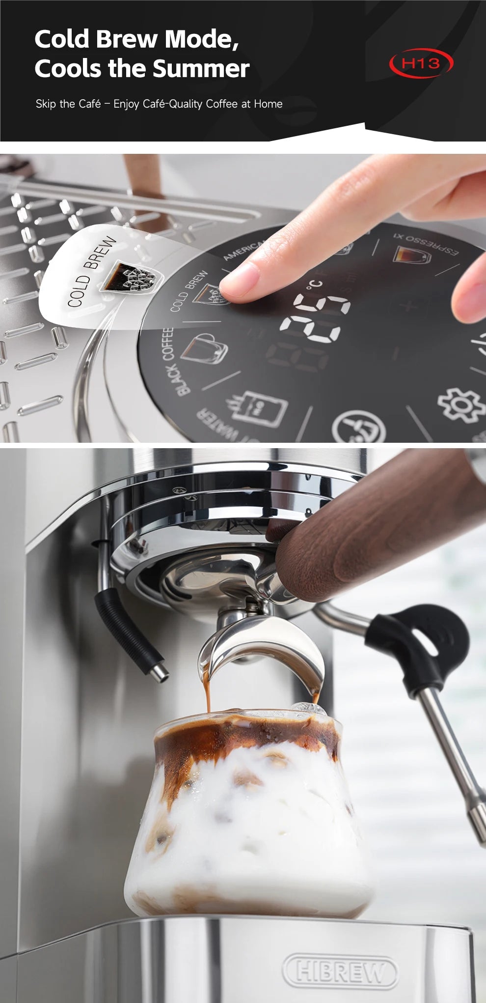 HiBrew stainless steel espresso machine with cold brew mode, digital touch display, and wooden portafilter handle.