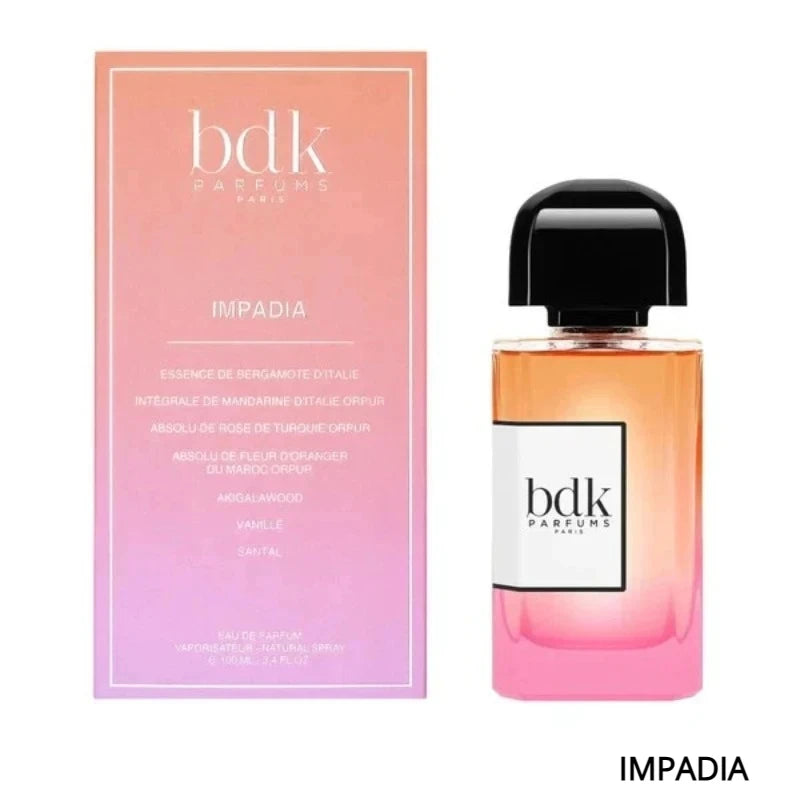 BDK Parfums Impadia EDP 100ml: Luxurious unisex perfume, floral-vanilla scent, square bottle, pink-to-clear gradient.