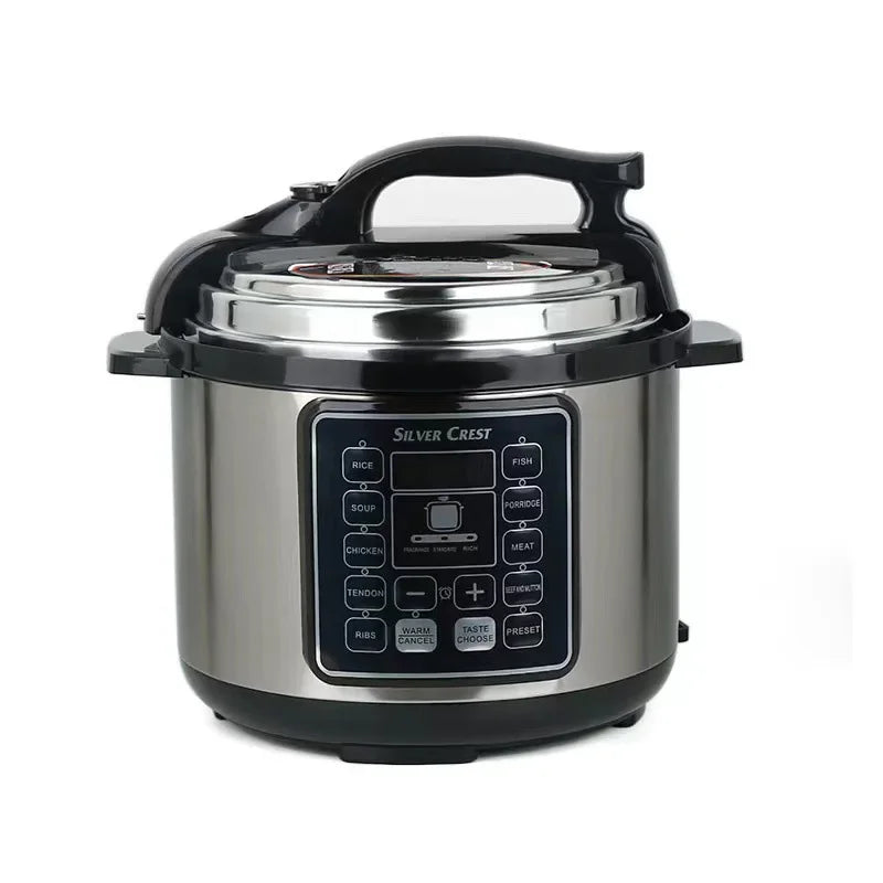 Stainless electric pressure cooker with black handle and digital menu control panel