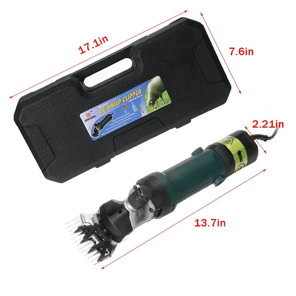 2000W electric sheep clipper with 13-tooth blade, 6-speed settings, and carry case for efficient farm animal grooming.