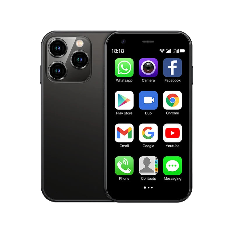 Mini 4G smartphone in black, front display and dual rear cameras