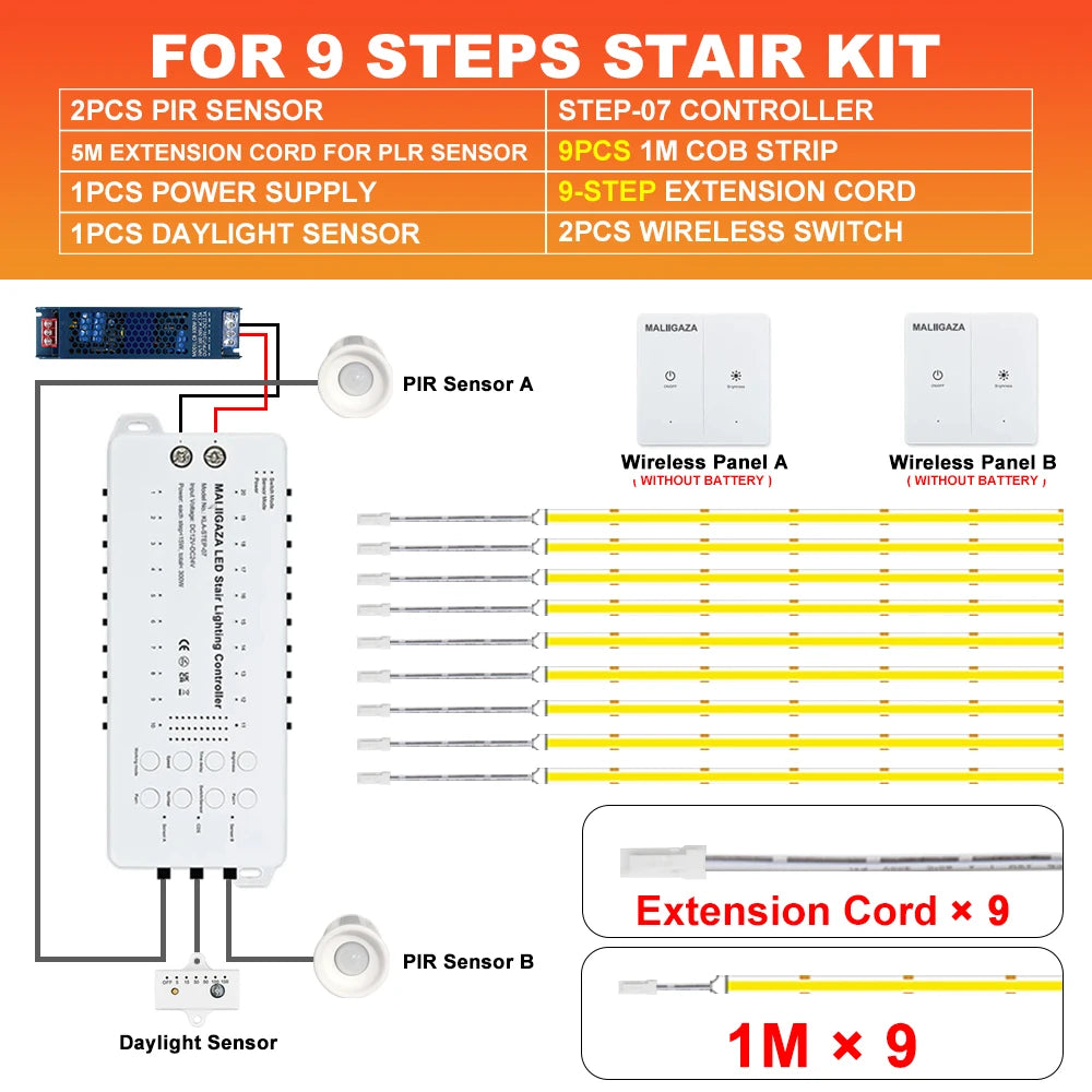 LED stair light kit with PIR motion sensors, COB strip, extension cord for 9 steps