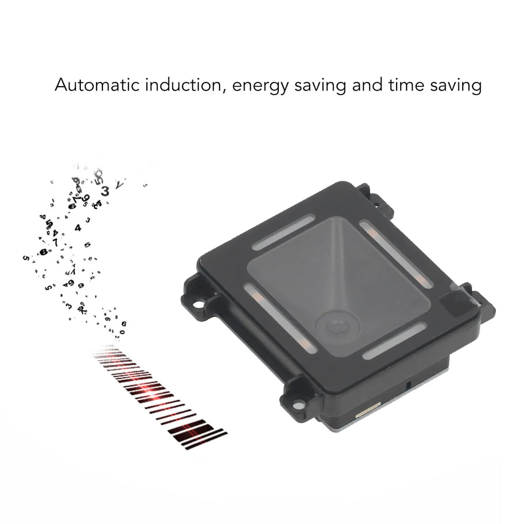 Black fixed-mount 2D barcode reader module with scanning window and mounting tabs