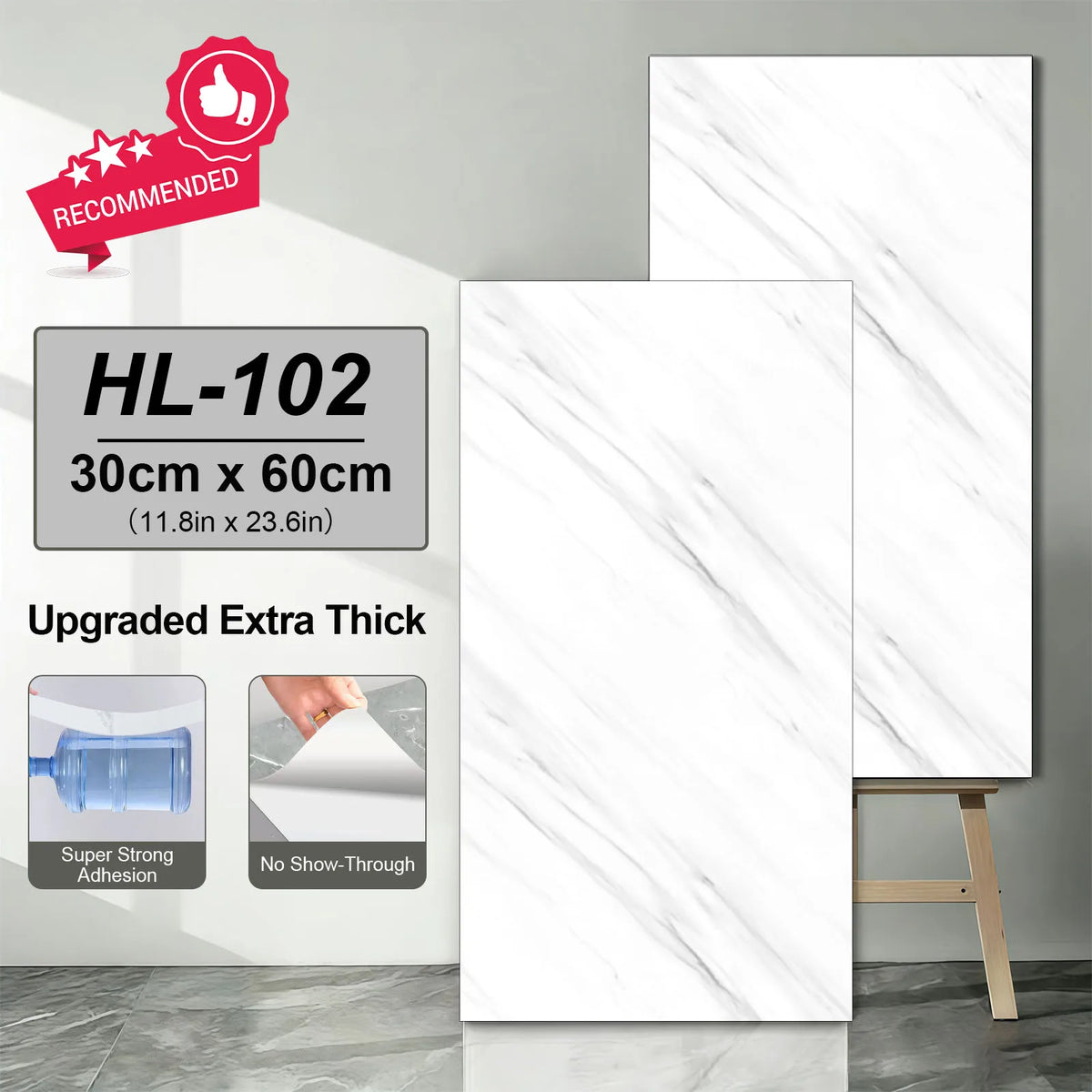 White marble self-adhesive tile sticker sheets with subtle gray lines, waterproof PVC.