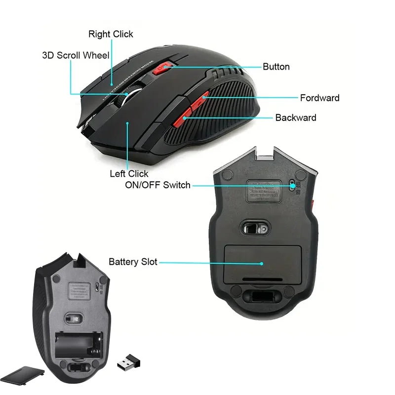 2.4G Wireless Mouse for Laptop Gamer Ergonomic Computer Mouse Wireless with USB Receiver 1600DPI 6 Buttons Portable Optical Mice