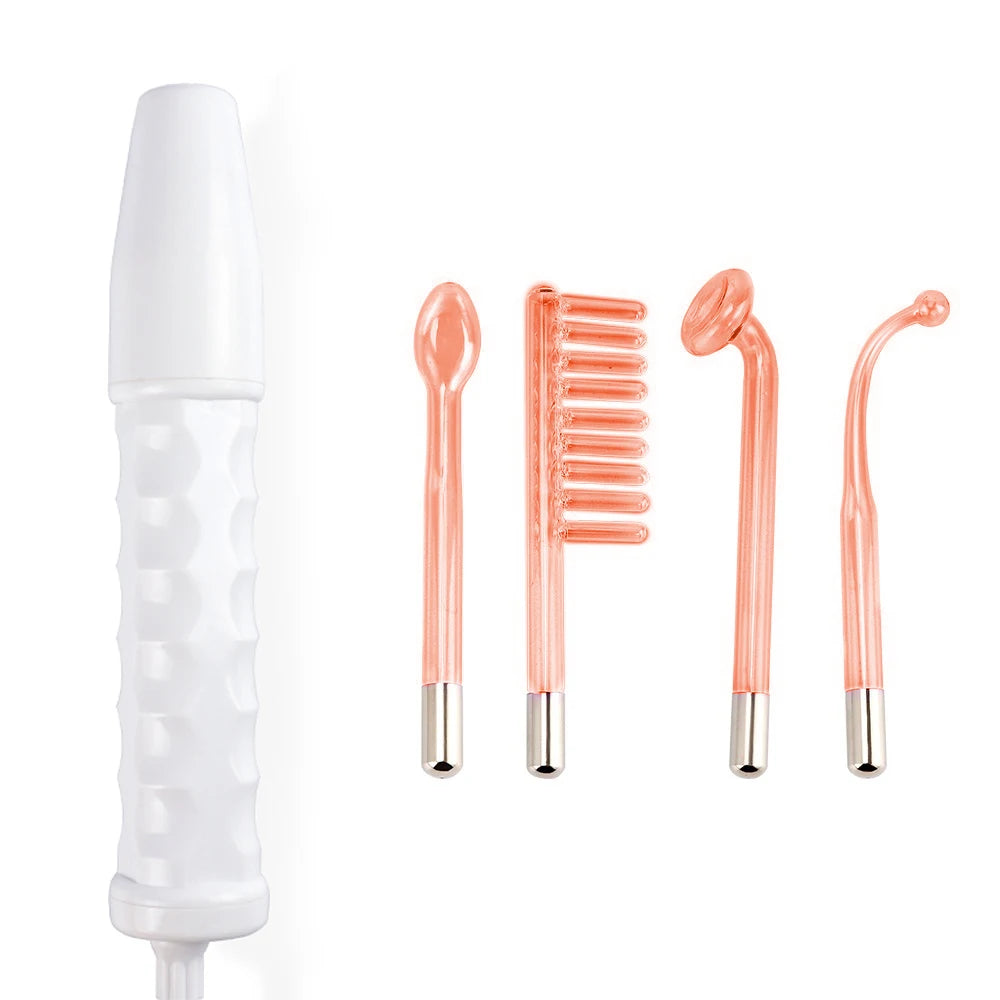 White handheld facial device with four different orange-tinted glass electrode attachments on a white background.
