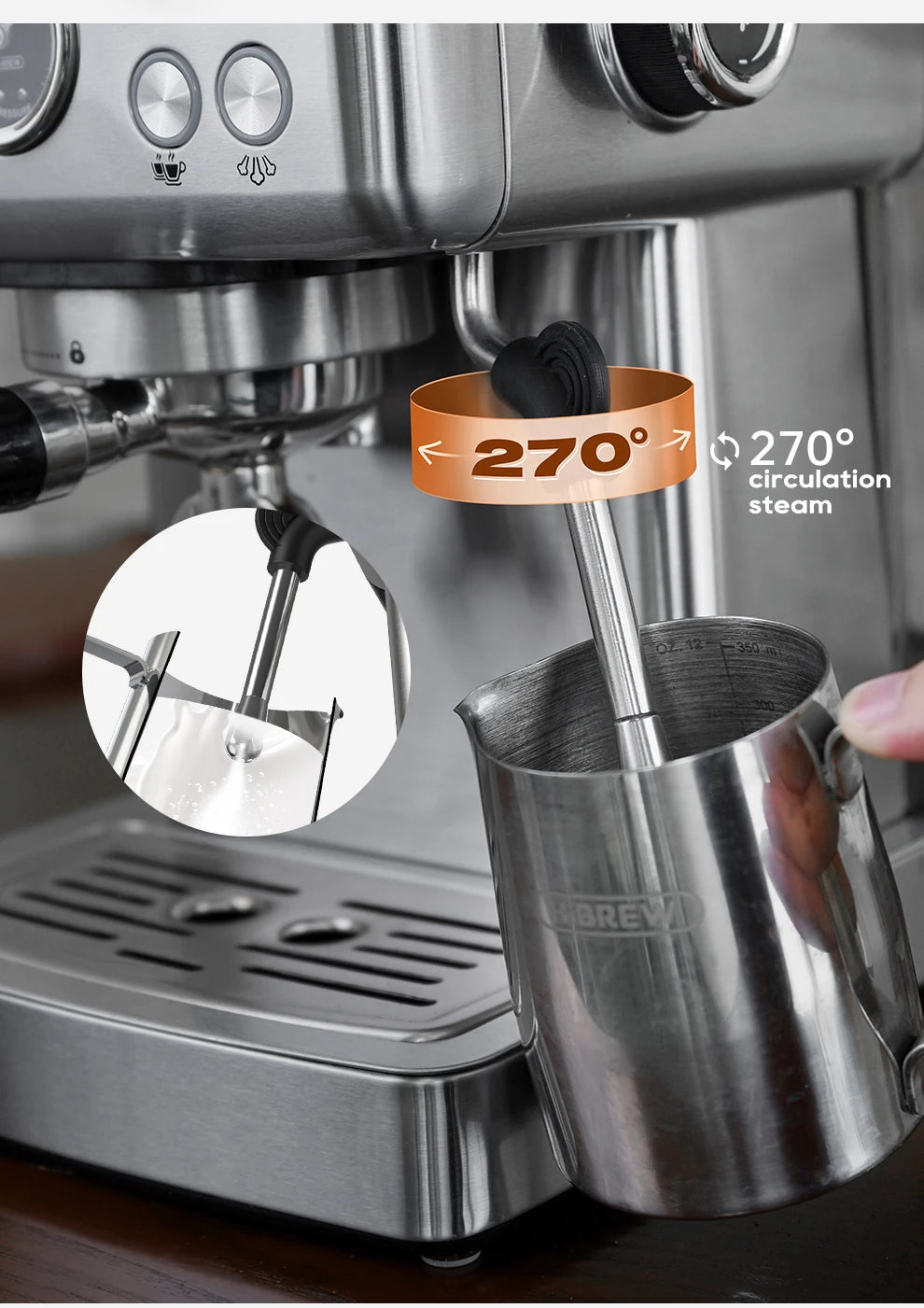 HiBREW stainless steel espresso machine with 270-degree rotating steam wand and milk frothing pitcher.