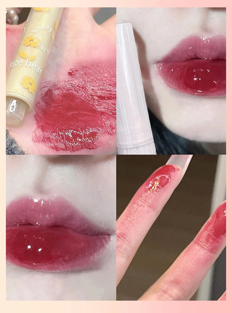 Gege Bear Floral Whisper glossy lipstick with a moisturizing jelly finish, showing vibrant red lip swatches and texture.