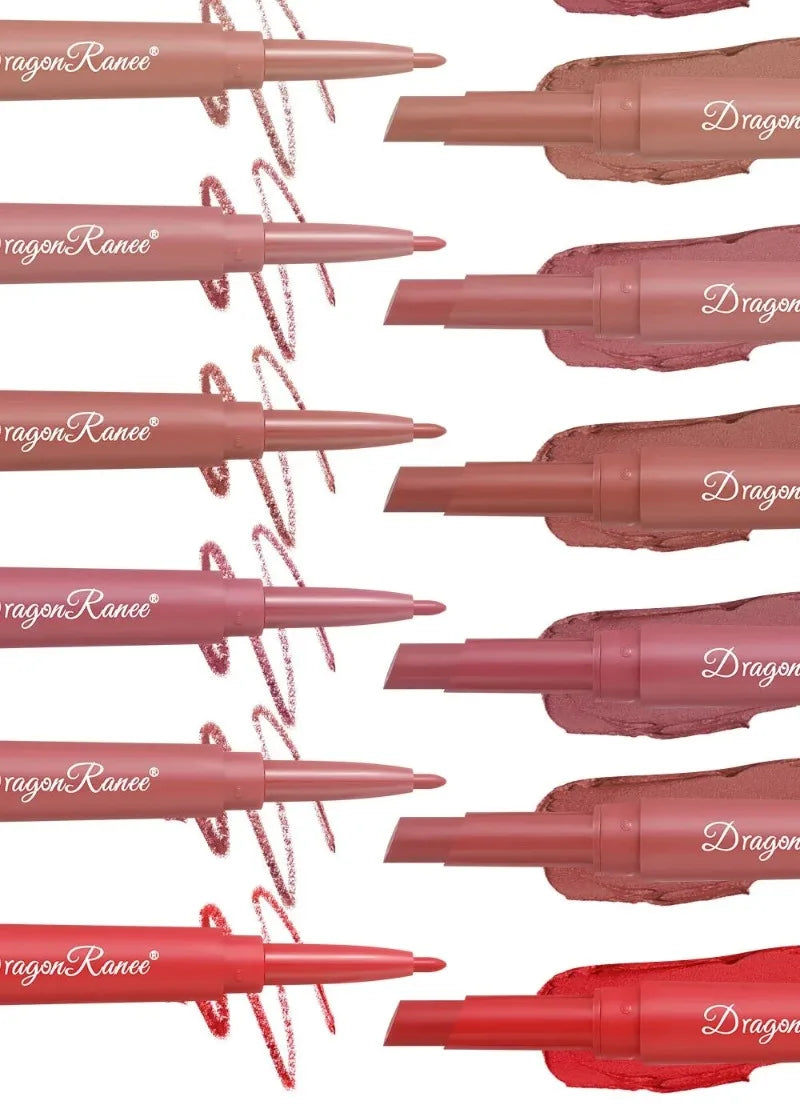 Dual-ended waterproof matte lipstick and lip liner pencils in assorted nude, pink, and rose red shades.