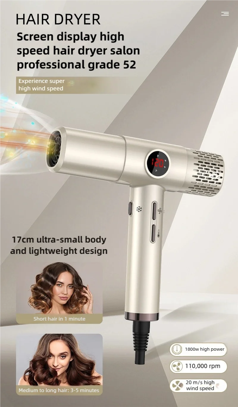 TINSOL professional champagne gold high-speed negative ion hair dryer with LED display and lightweight, compact design.