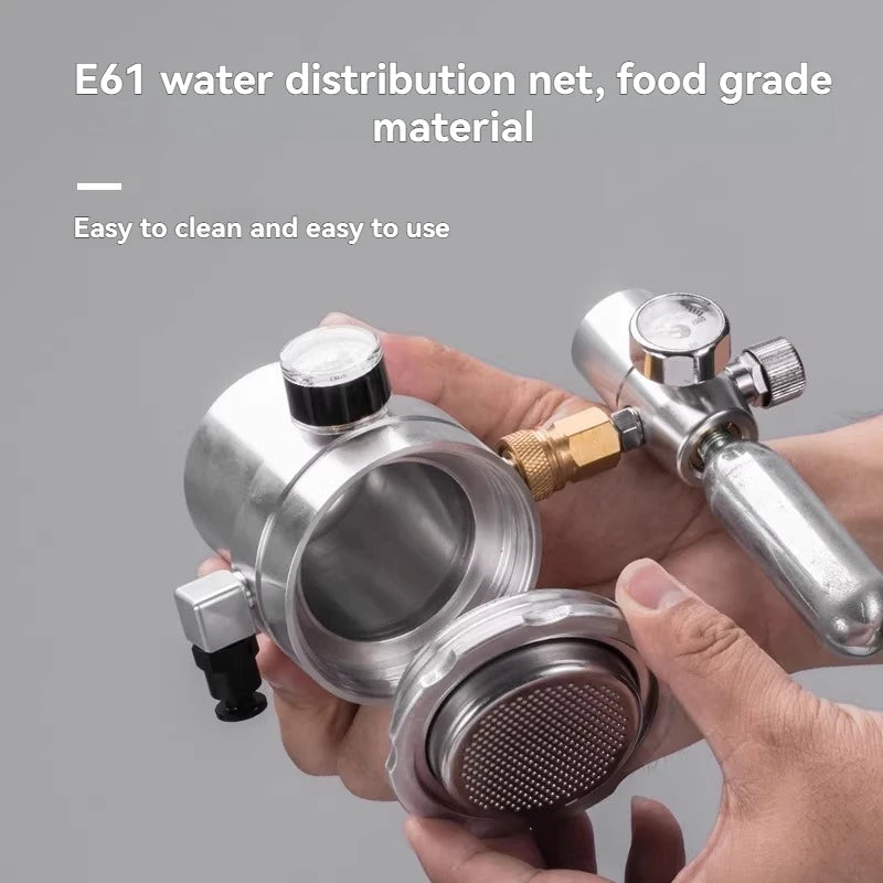 Stainless steel E61 espresso machine group head shower screen with integrated pressure gauge and CO2 cylinder input.