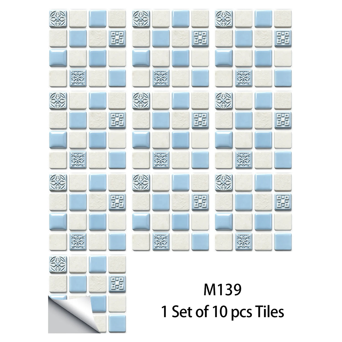 10-piece mosaic tile sticker set in light blue and white with embossed medallion and grid tiles