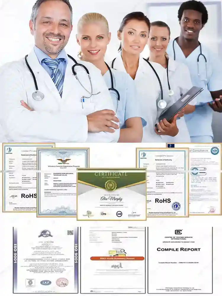 Five medical professionals in lab coats standing above a collection of various product certification documents.