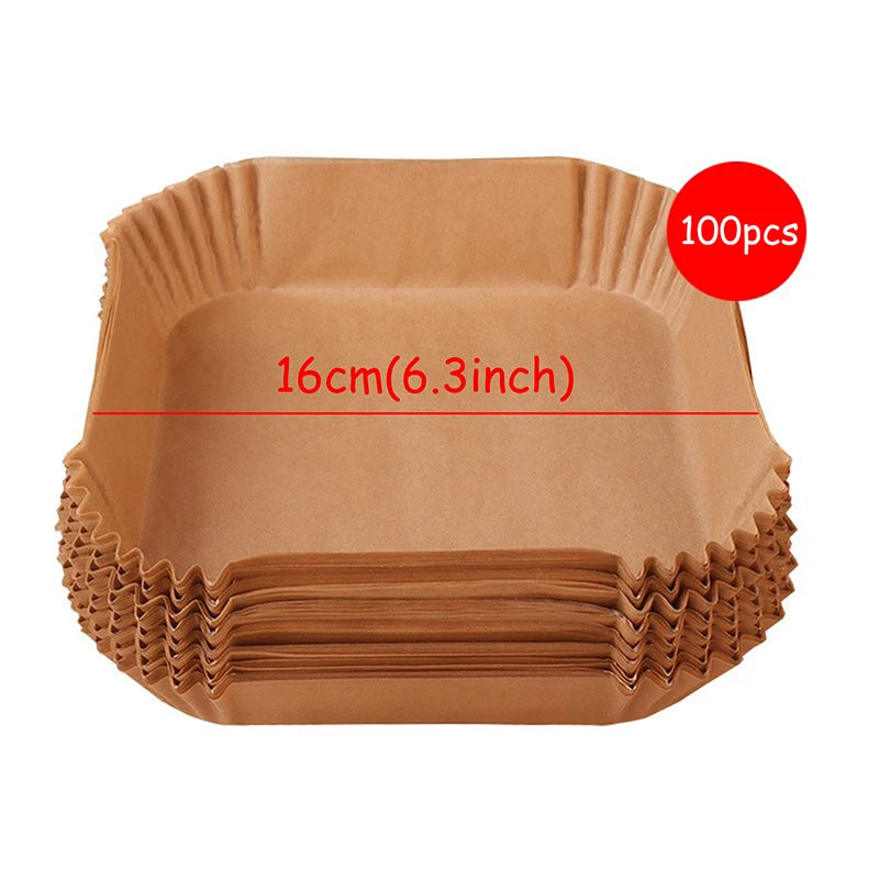 Square air fryer paper liners, brown, 16cm (6.3in), 100pcs, disposable baking trays