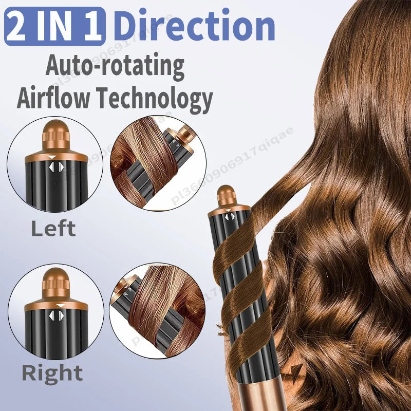 6-in-1 auto-rotating hair styler with black and gold curling barrel creating waves for ionic high-speed hair drying.