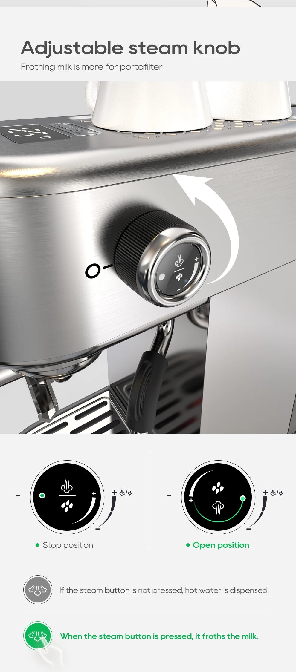 Brushed stainless steel espresso machine with adjustable steam knob for milk frothing and hot water control.