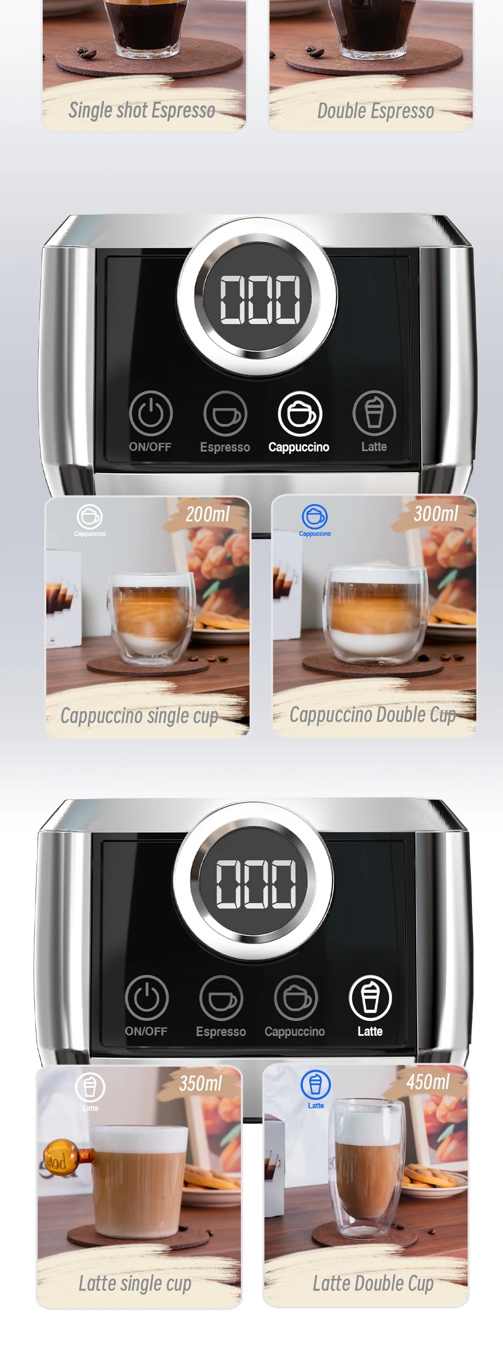 Silver stainless steel espresso machine with digital display, offering 200ml to 450ml options for latte or cappuccino.