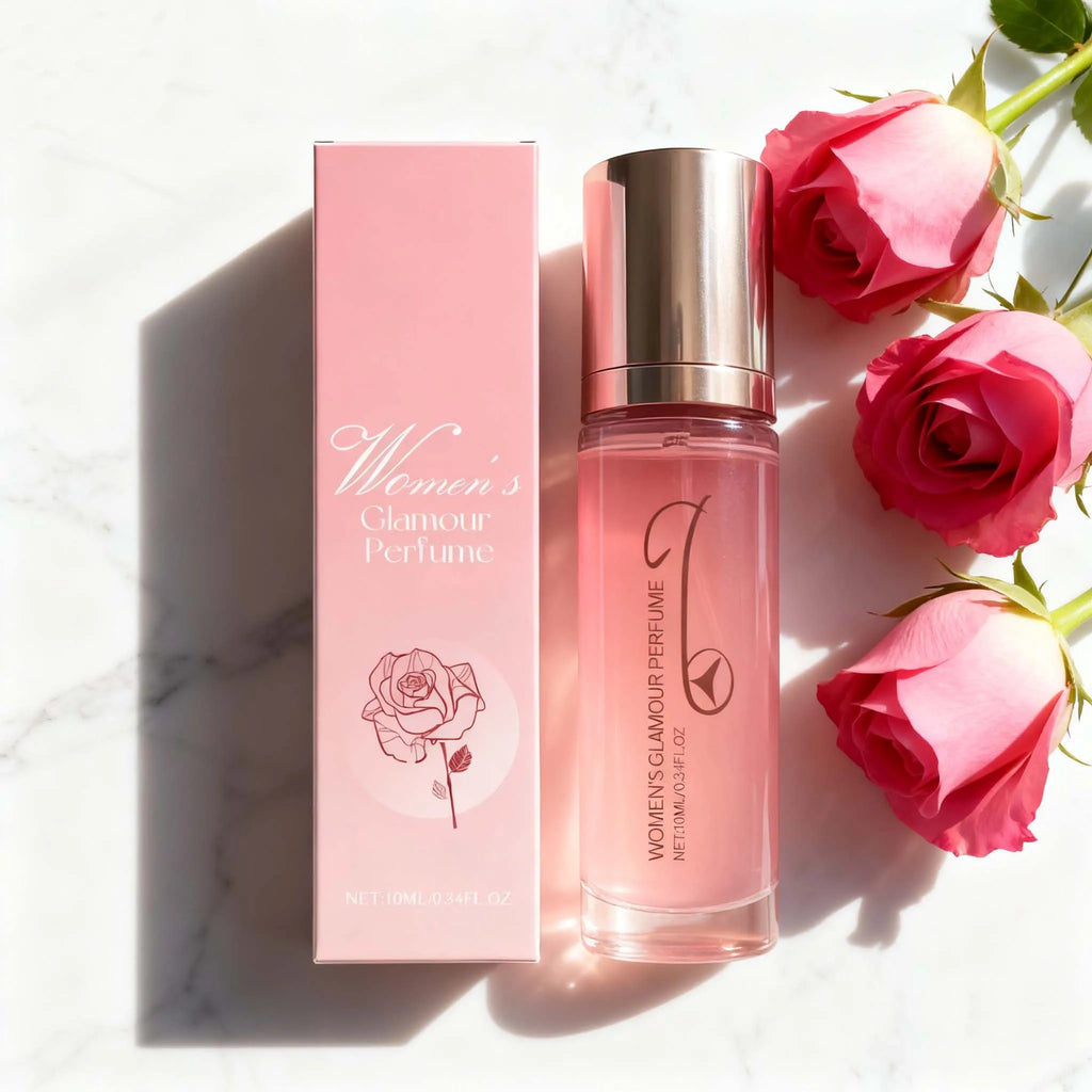 Women's Glamour Pheromone perfume spray, 10ml travel bottle with floral rose scent, pink packaging, long-lasting aroma.