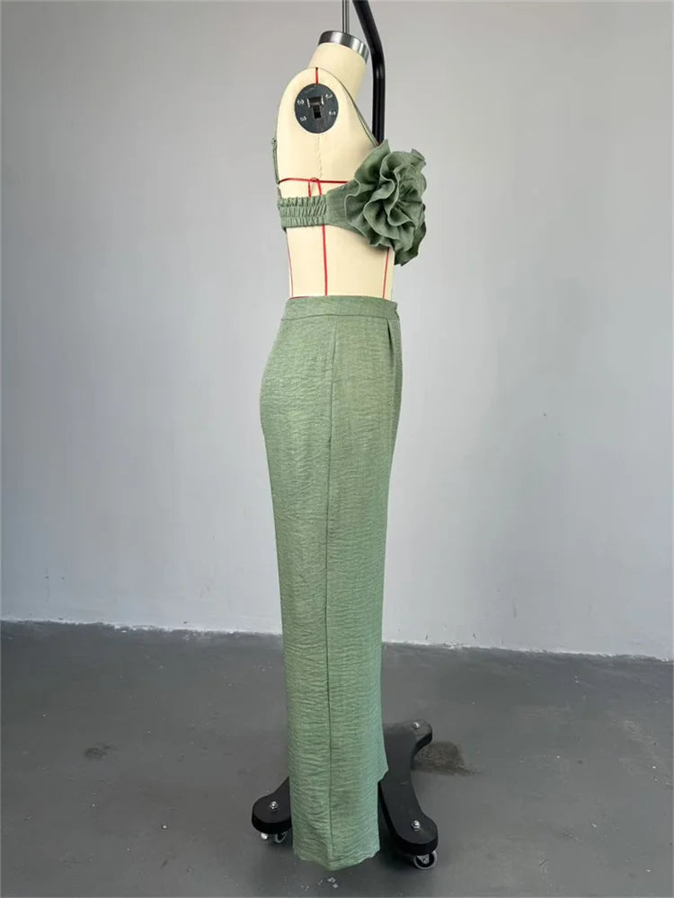Weird Puss Vacation Beach Style 2 Piece Set Women Ruched Flower Bra Tops+Button Waist Straight Pants Fashion Sexy Trend Outfits