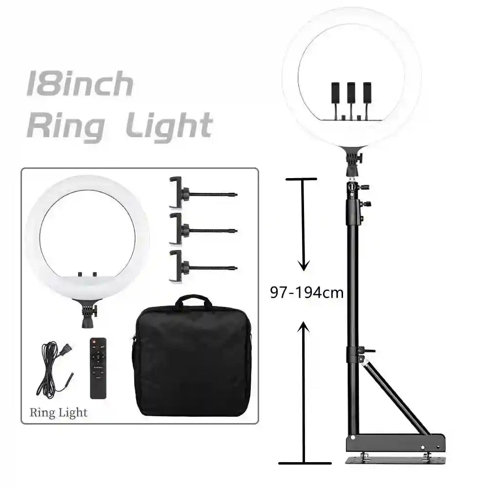 18-inch ring light on adjustable 97-194cm stand, includes three phone mounts, power cord, remote, and black carry bag.
