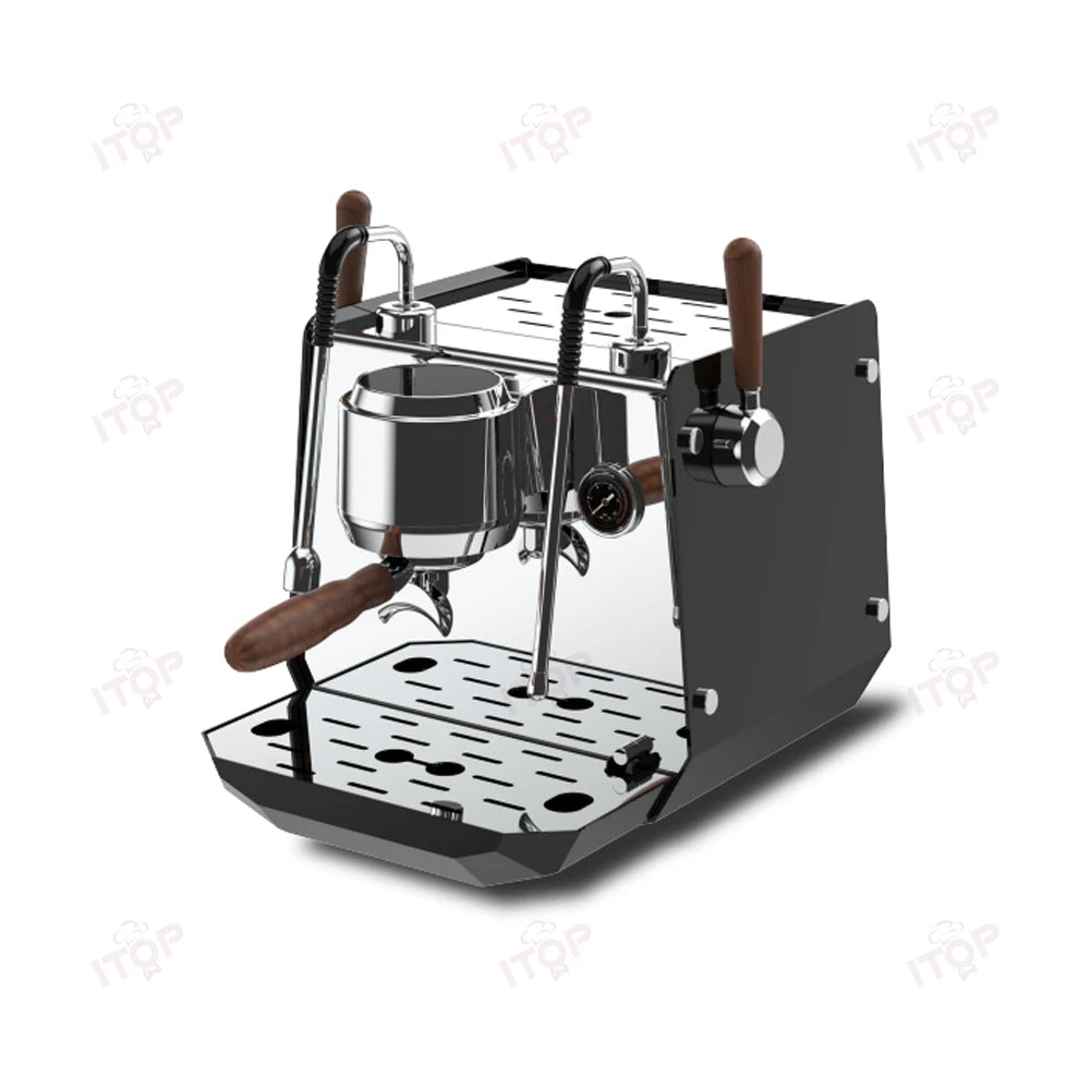 ITOP professional black and chrome manual espresso machine with wood handle and integrated pressure gauge.
