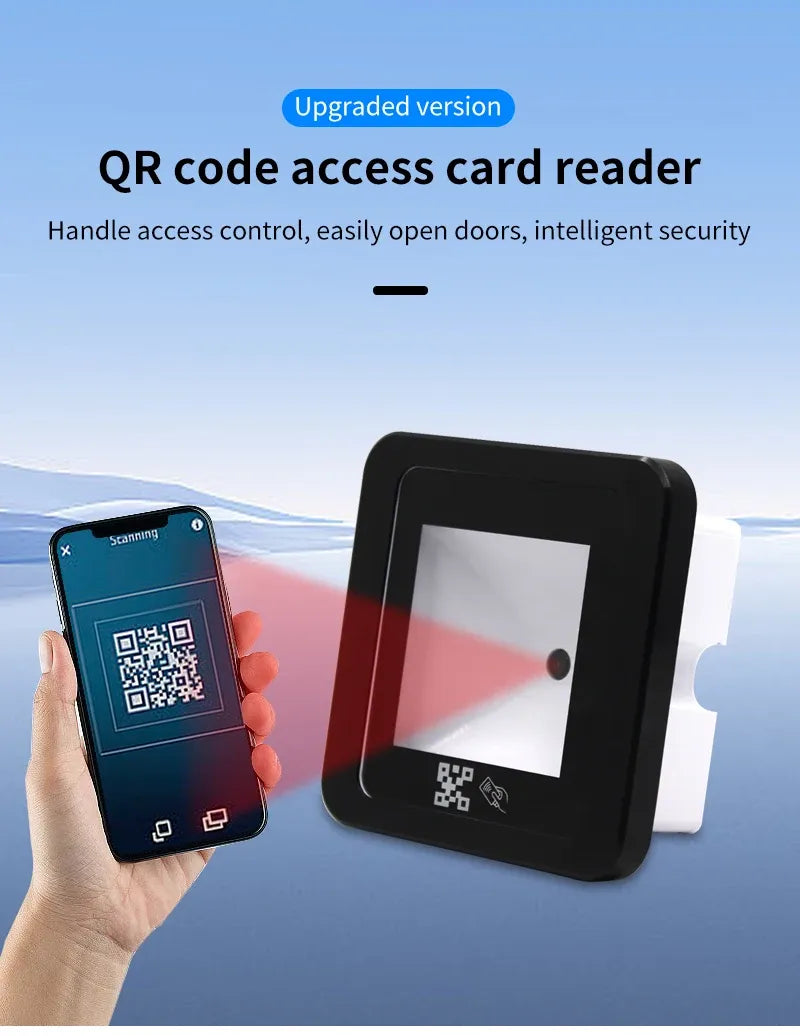 Black QR code access reader with smartphone held up for QR scanning