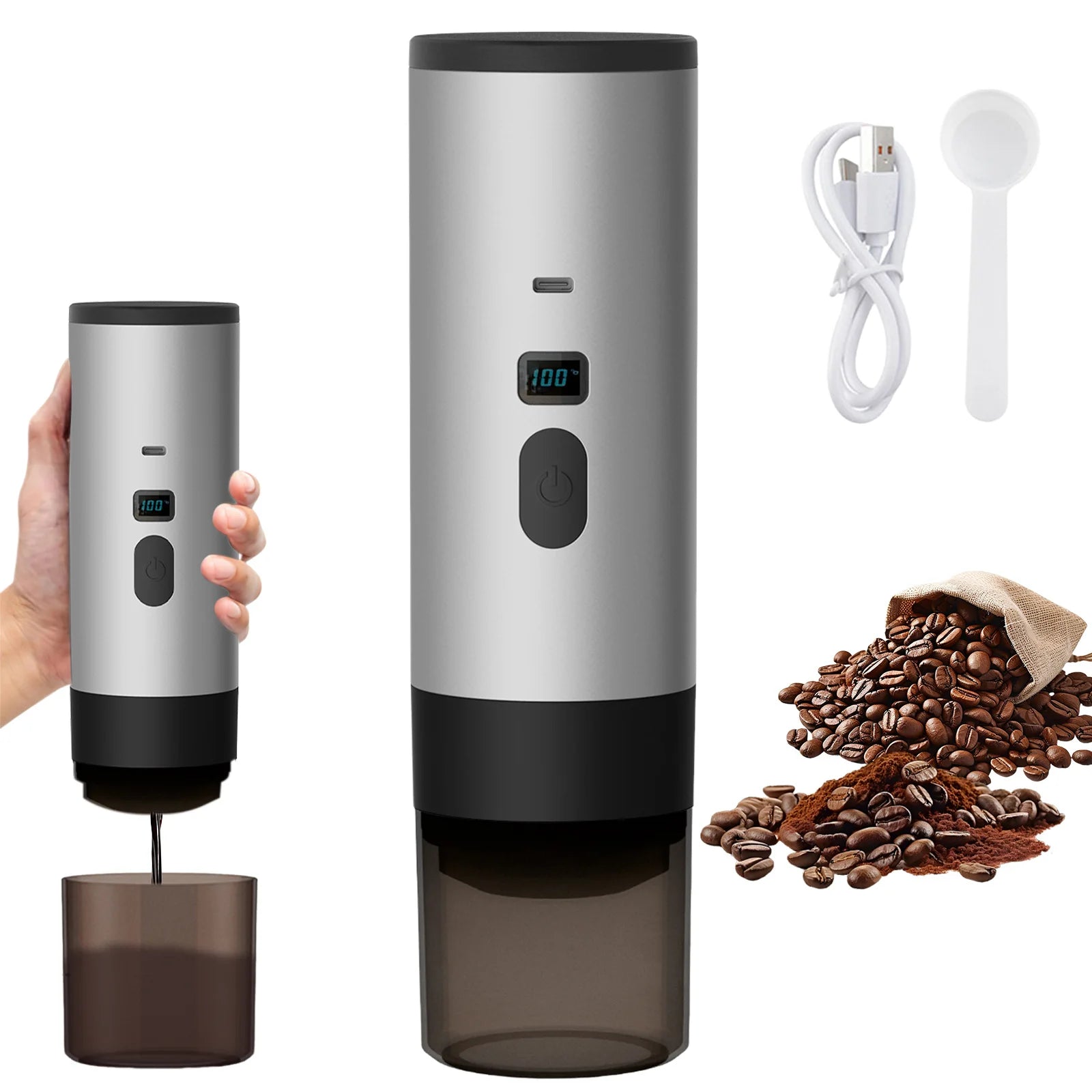 Portable electric coffee grinder, silver metal body with digital display, USB-C charging, and coffee bean scoop.