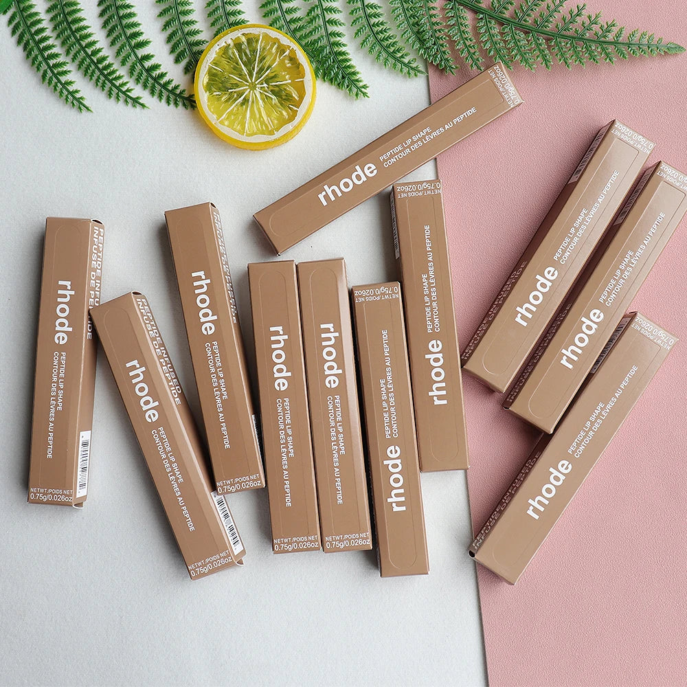 Rhode Skin Peptide Lip Shape pencil boxes in matte beige packaging, lip liner makeup set for professional lip contouring.