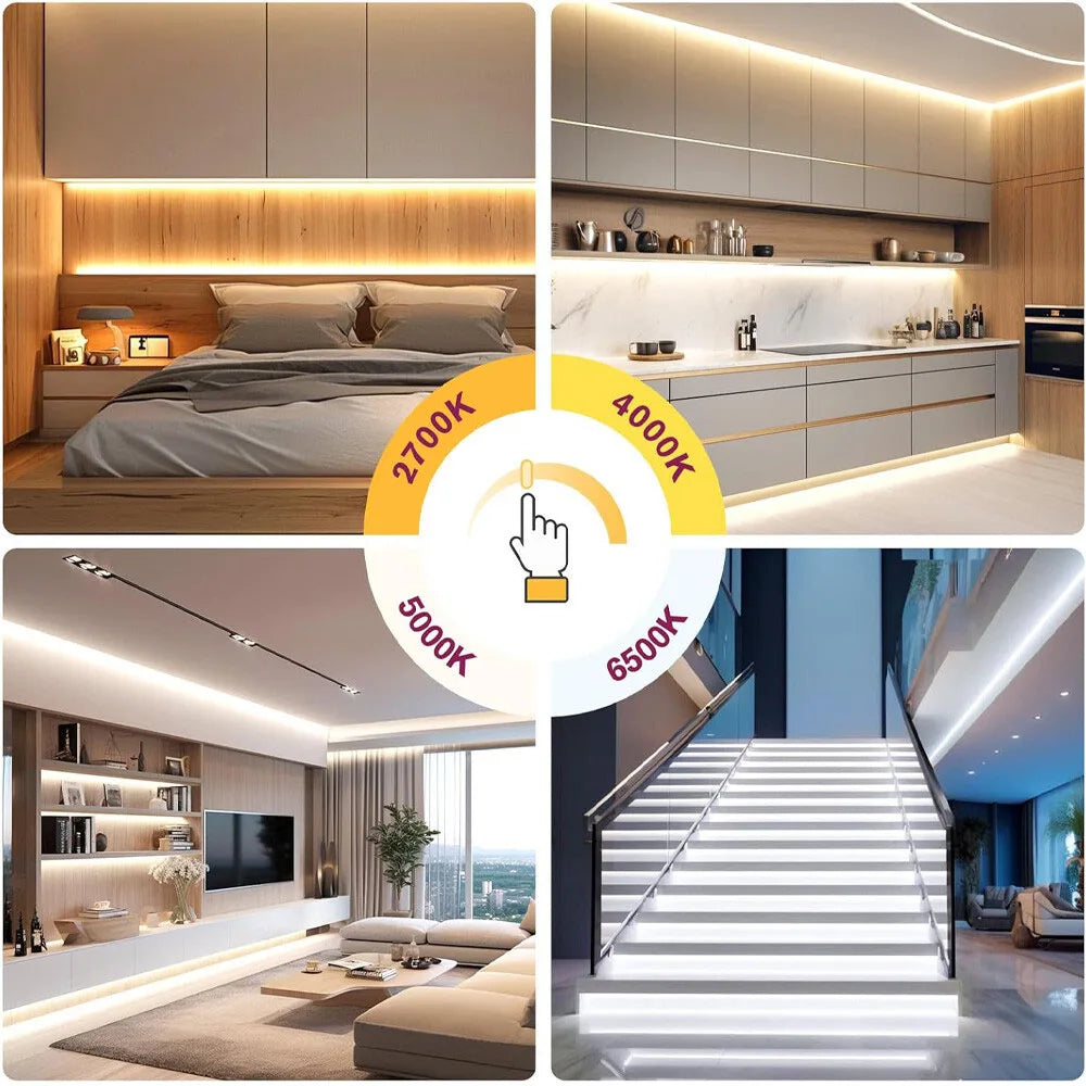 5M 10M 20M COB CCT LED Strip 24V Flexible High Density Dimmable Room Light 2.4G RF Touch Remote Control Dual White 2700K-6500K