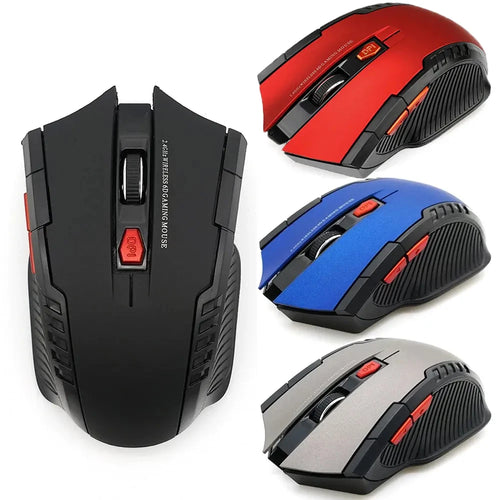 Four wireless 6-button gaming mice in black, red, blue, and grey. Features include a scroll wheel, DPI button, and grip.