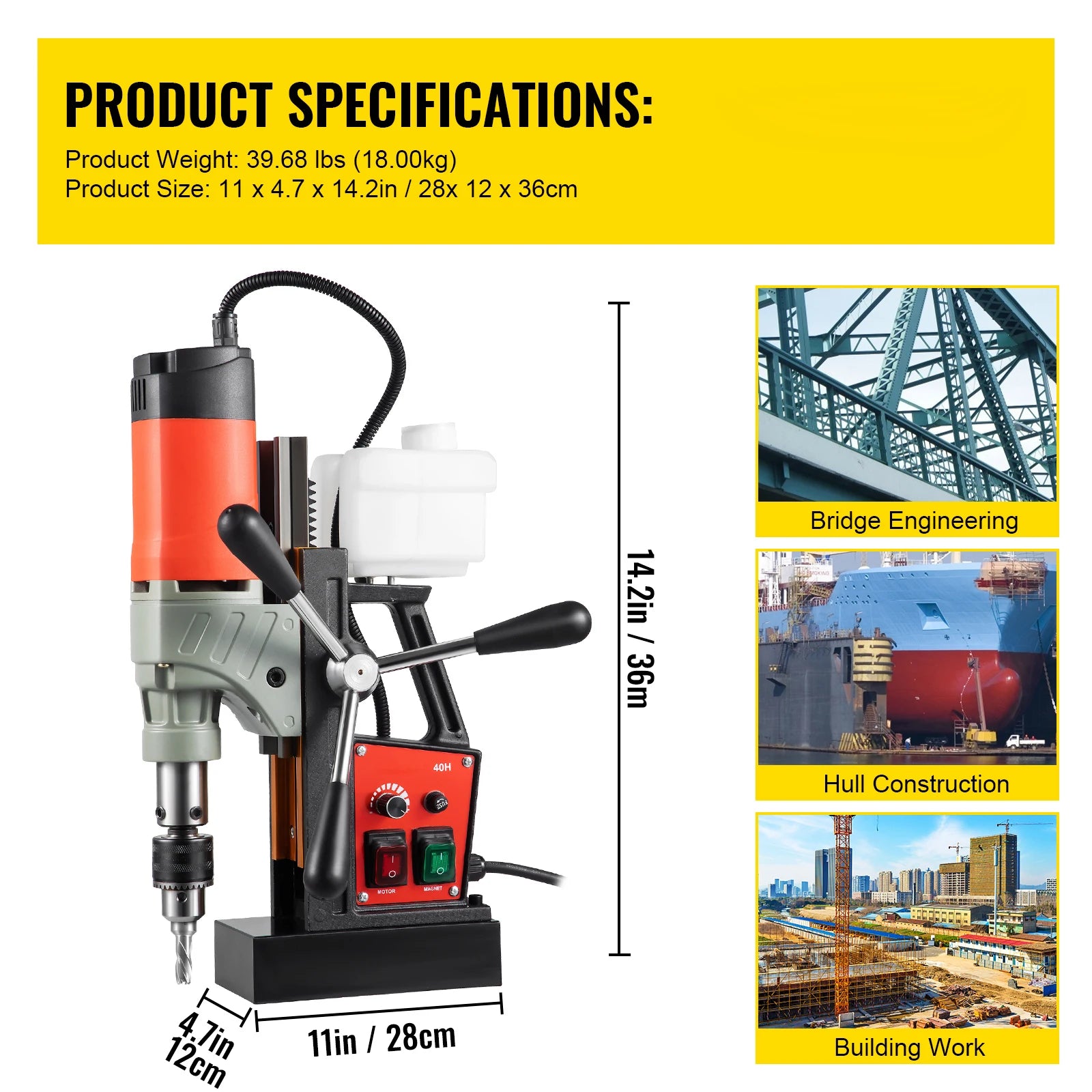 SucceBuy Magnetic Drill 1200W 1.57" Boring Diameter 2922lbf/13000N Portable Electric Mag Drill Press 580 RPM Drilling Machine