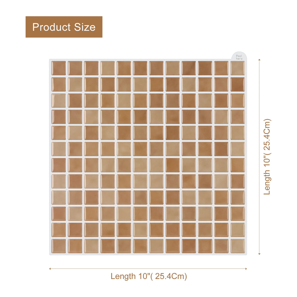 Product size for 3D mosaic brick wall stickers: beige tile grid, 10 in (25.4 cm)